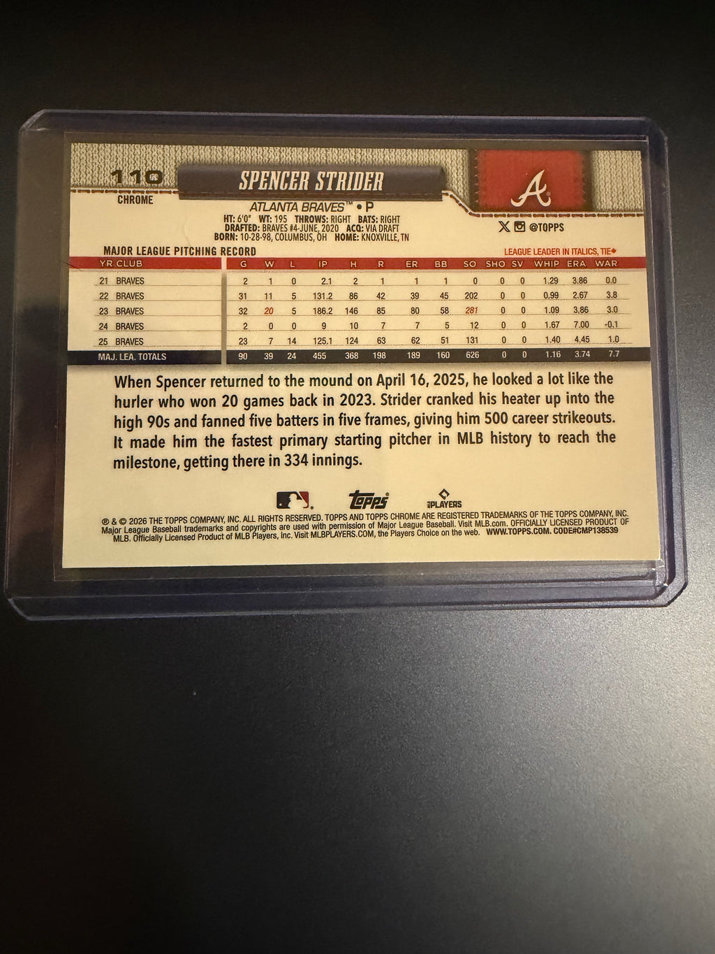 Spencer Strider 2026 Topps Chrome Red Seams Border Refractor