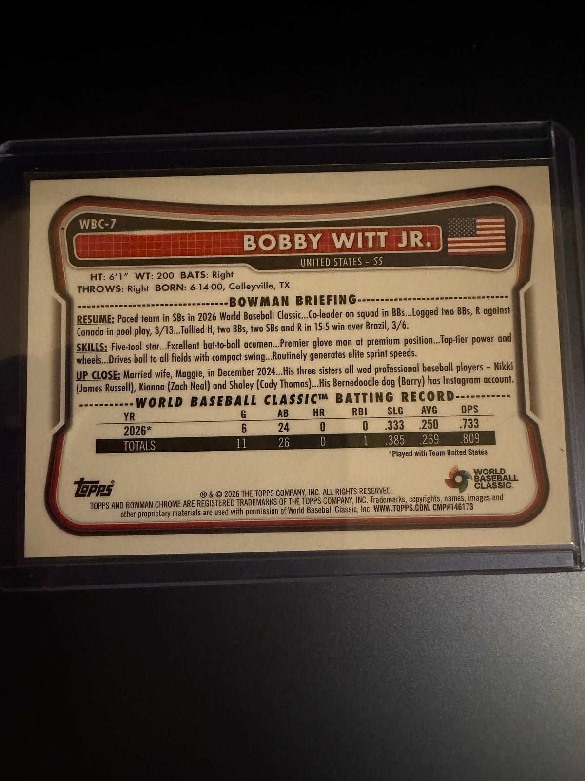2026 Bowman Chrome Bobby Witt Jr. USA WBC Flag Variation Refractor /499