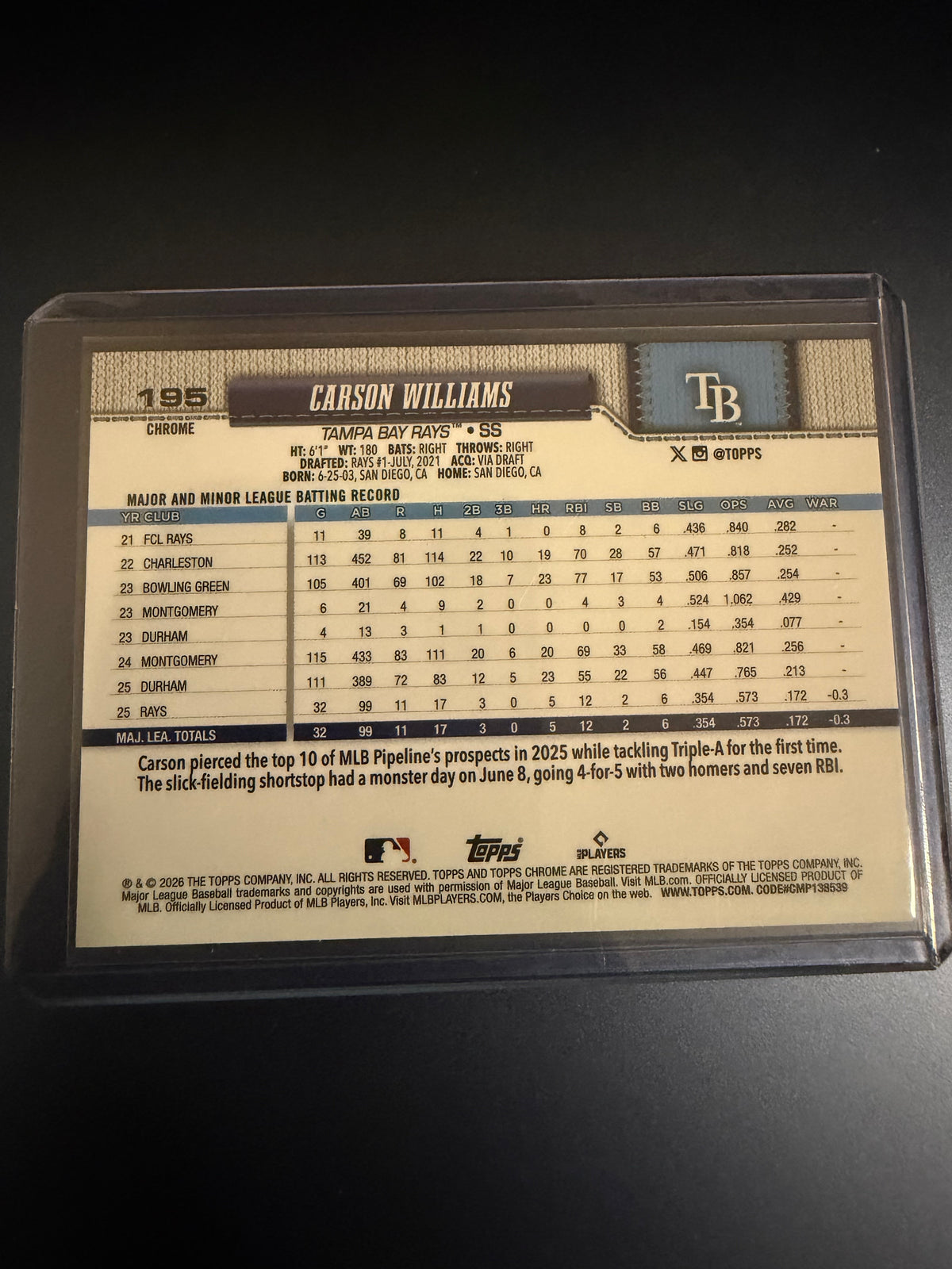 Carson Williams 2026 Topps Chrome Red, White and Blue Refractor