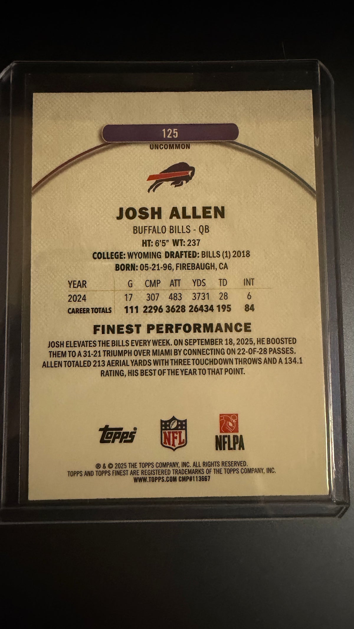 JOSH ALLEN 2025 TOPPS FINEST UNCOMMON PURPLE #/200 BUFFALO BILLS QB