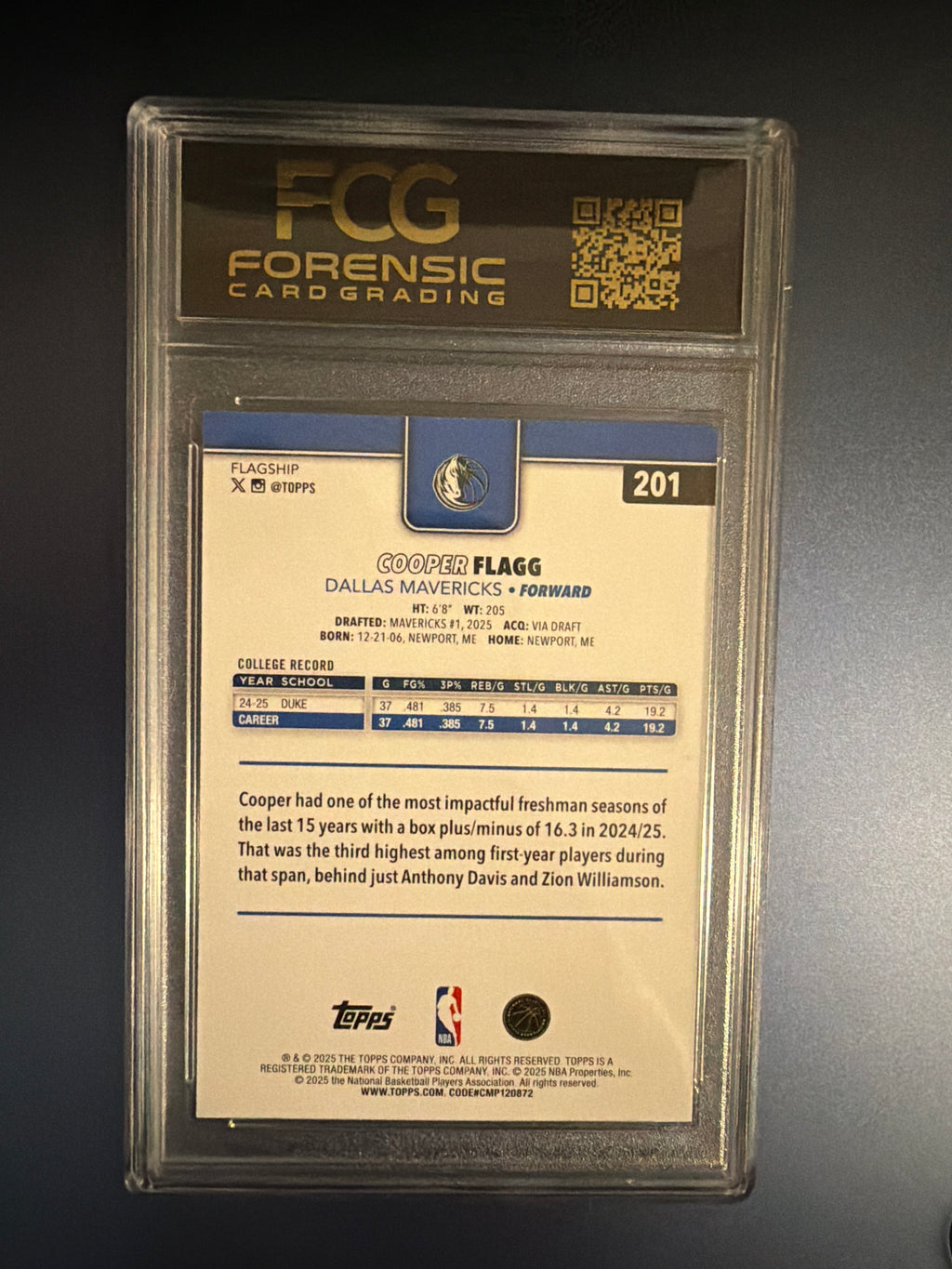 Topps 2025-26 Cooper Flagg #201 RC Base Dallas Mavericks FGC 9.5