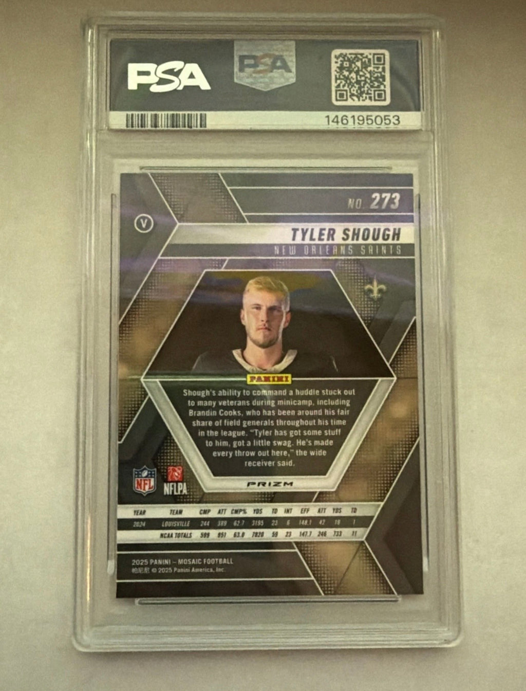 2025 Panini Mosaic Tyler Shough Rookie Variations Green Mosaic Prizm RC #273 PSA 10 Saints