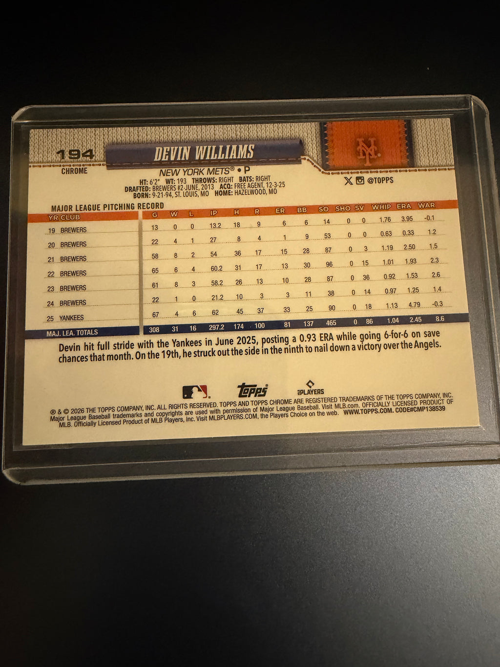 Devin Williams 2026 Topps Chrome X-Fractor